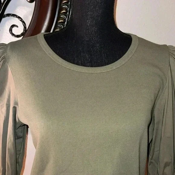 Veronica Beard Fawn Puff-Sleeve Top in Moss Green Crewneck NWOT Size Large